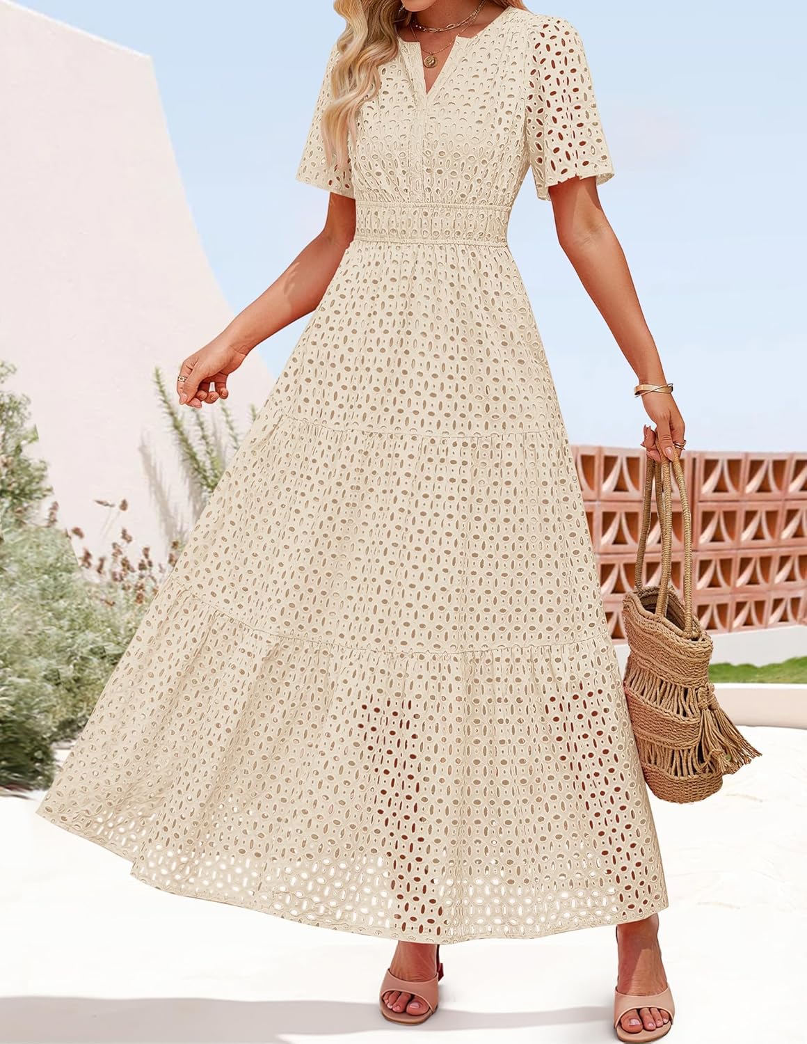 ZESICA Women's 2026 Summer Short Sleeve Maxi Dress Casual V Neck Hollow Out Eyelet Ruffle Swing A Line Long Dresses - Image 7