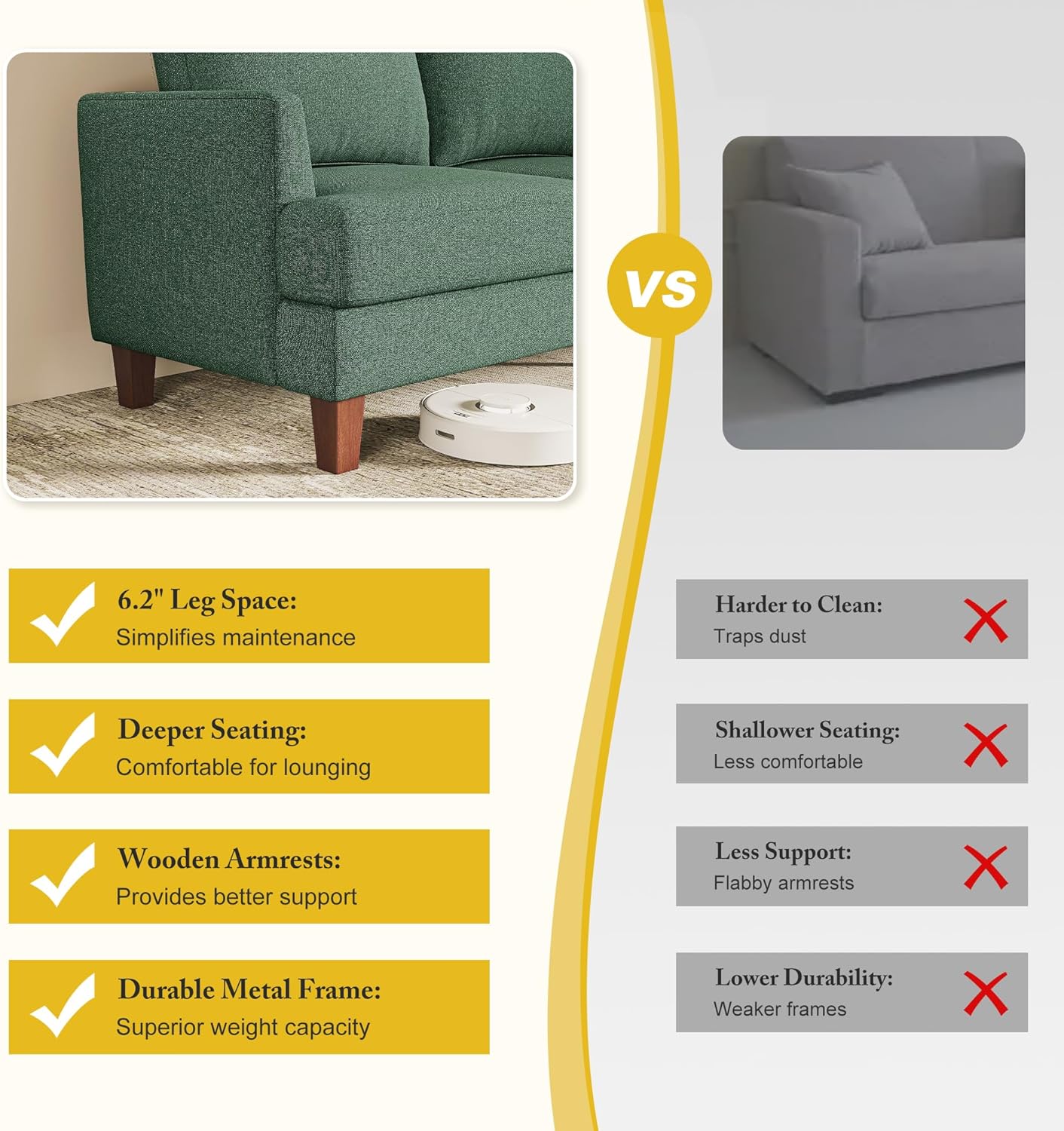 3 Seater Sofa Couch with Deep Seats, 89" Mid Century Modern Upholstered Sofa with Armrests, Comfy Couches for Living Room, Bedroom, Apartment and Office (Green) - Image 6