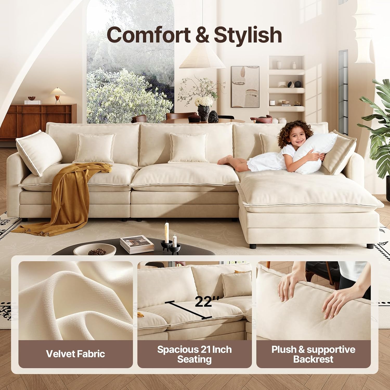 Shaped Modern Sofa Modular Sectional Cloud Couch, 114 Inch L Shaped Couch Set for Living RoomBedroom and Apartment, 4-Seater Comfy Cloud Couches with Movable Ottoman, Chenille, (Beige, 114 Inch-L) - Image 6