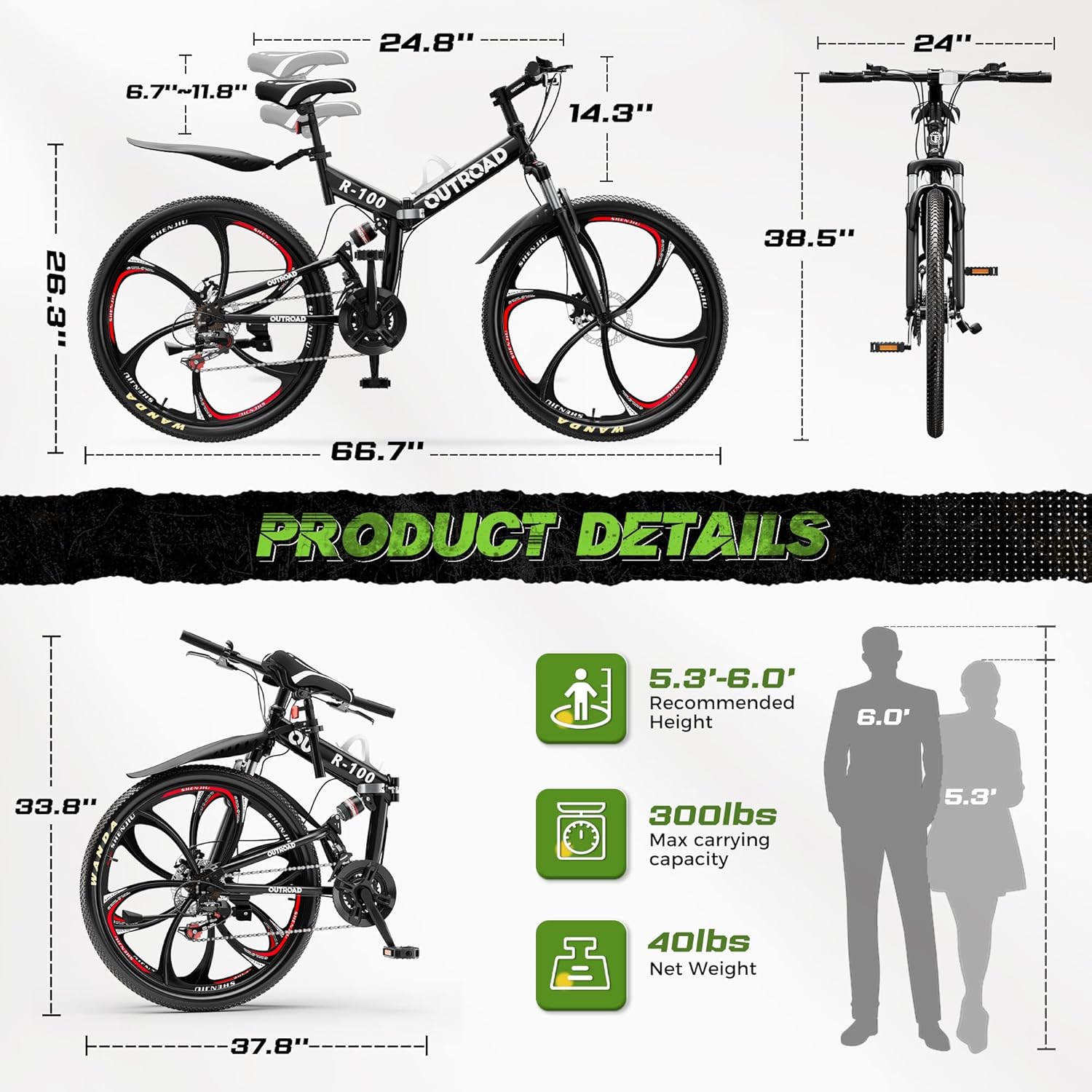 26 Inch Adult Folding Bikes, Mountain Bicycles with Full Suspension, Dual Disc Brake, High Carbon Steel Frame, Foldable Bike for Men/Women/Teen, Black - Image 8