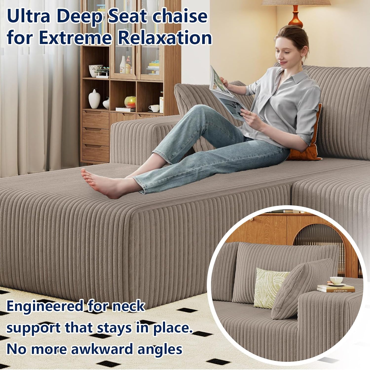 96" Modular Sectional Sofa with Ottoman, Modern Corduroy Cloud Couch with Deep Seat, Boneless Couch Upholstered 3-Seater U-Shaped Sofa for Living Room, No Assembly (Camel, Left-Facing Chaise) - Image 4