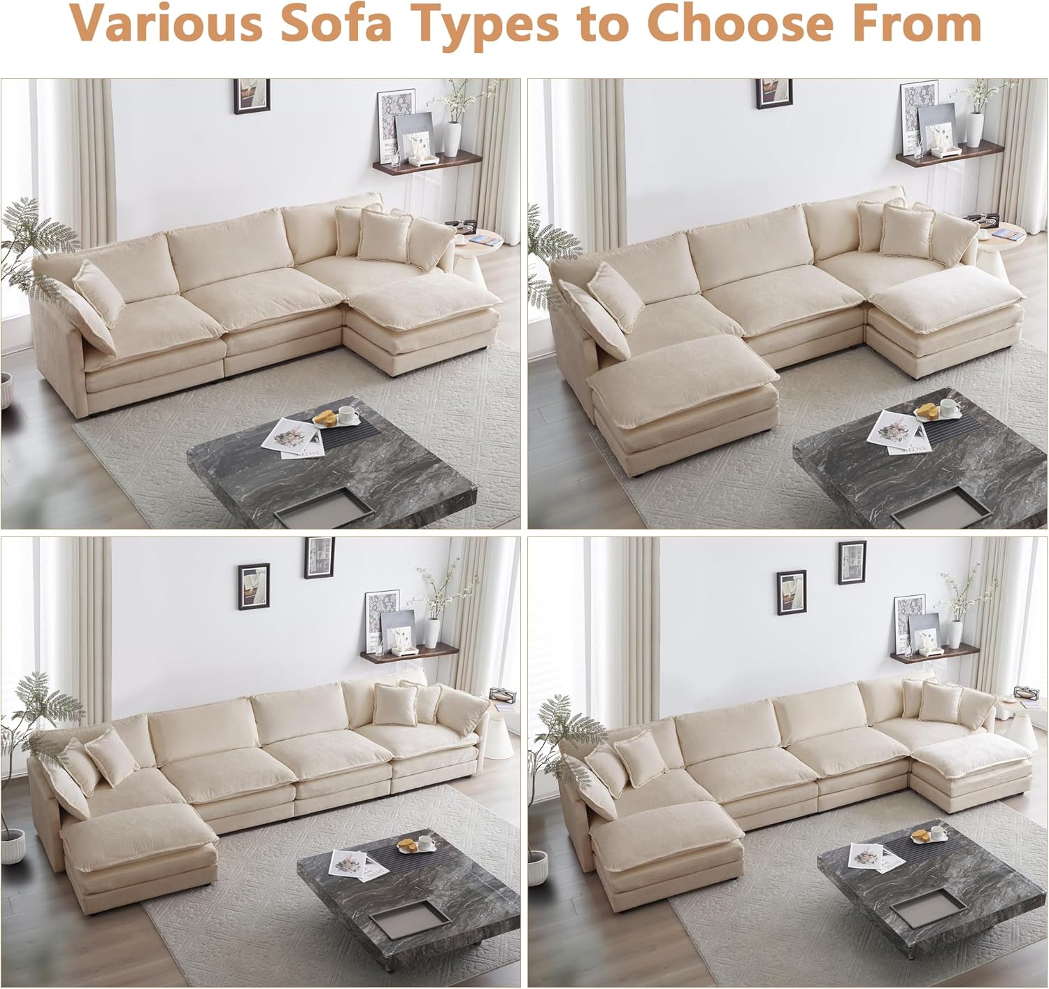 mikibama Modular Sectional Sofa, 111.5 Inch L Shaped Couch Set for Living Room, 3-Seater Comfy Cloud Couches with Movable Ottoman, DIY Combination, Chenille, Light Coffee - Image 6