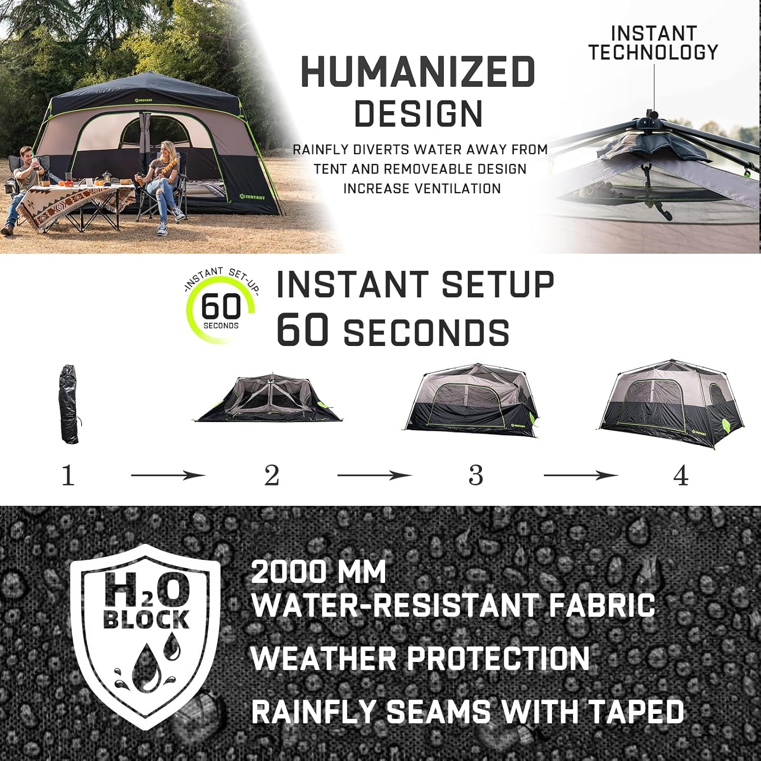 4/6/8 Person Instant Tent, Waterproof Pop Up Tents for Camping with Rainfly, 60 Seconds Easy Setup, Automatic Cabin Tent for Family Camping with Expandable Carry Bag & Upgraded Ventilation - Image 3