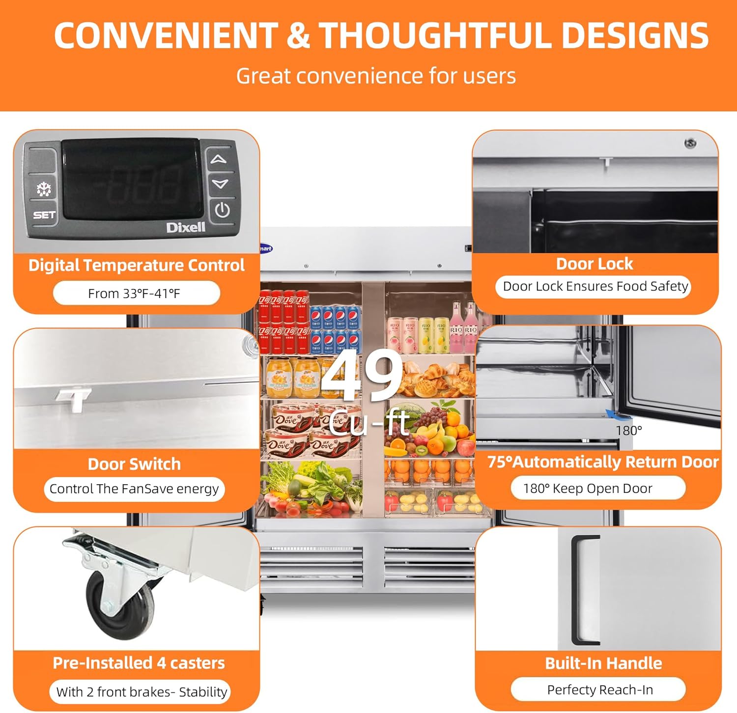 54" W Commercial Refrigerator with 2 door Stainless Steel 49 Cu. Ft Reach-in Refrigerator 6 Adjustable shelves Fan Cooling Fridge for Restaurant, Commercial Kitchen, Shop, ETL Certification - Image 4