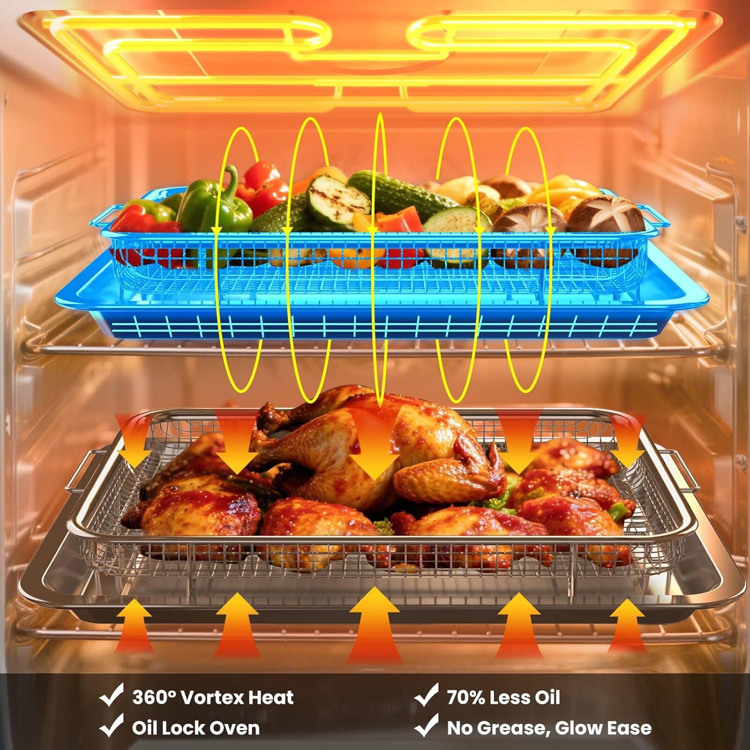 Air Fryer Basket for Oven, 2 Set Stainless Steel Pan & Crisper Tray (15"x11" &12.8"x9.7") with 60 Parchment Papers, Family-Size Non-Stick Oven Basket for Baking Chicken, Fries, Dishwasher Safe - Image 4