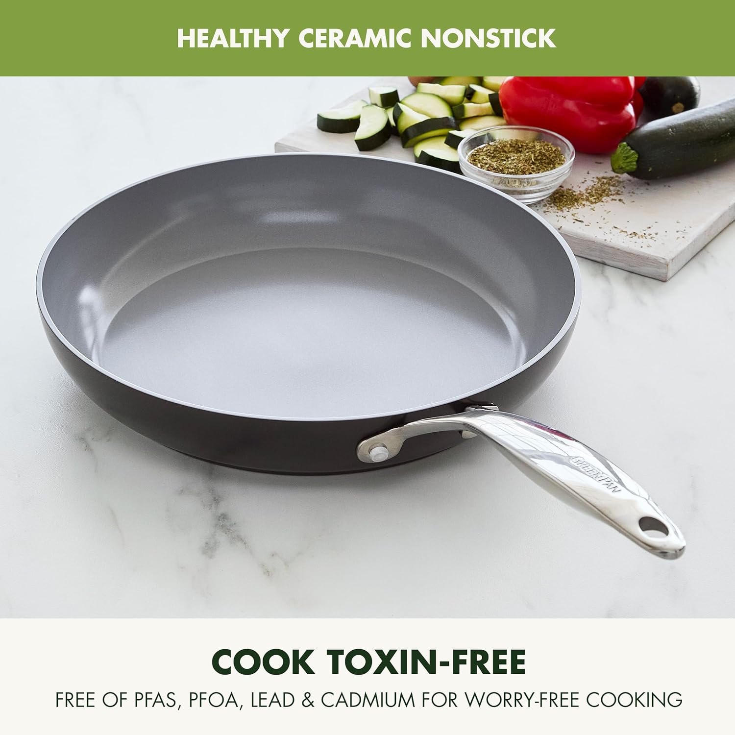 GreenPan Valencia Pro Ceramic Nonstick 12” Frying Pan Skillet, Hard Anodized PFAS-Free Cookware, Induction Ready, Compatible on All Cooktops, Eggs & Omelets, Dishwasher Safe, Oven Safe to 600F, Gray - Image 3