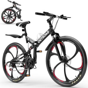 26 Inch Adult Folding Bikes, Mountain Bicycles with Full Suspension, Dual Disc Brake, High Carbon Steel Frame, Foldable Bike for Men/Women/Teen, Black