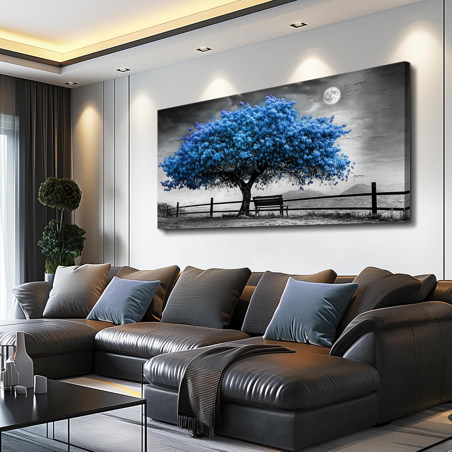 FUHAIHUA Canvas Wall Art For Living Room Wall Decor For Bedroom Office Wall Decoration Black And White Landscape Painting Blue Tree Pictures Artwork Room Aesthetic Home Decor 20x40 In - Image 2