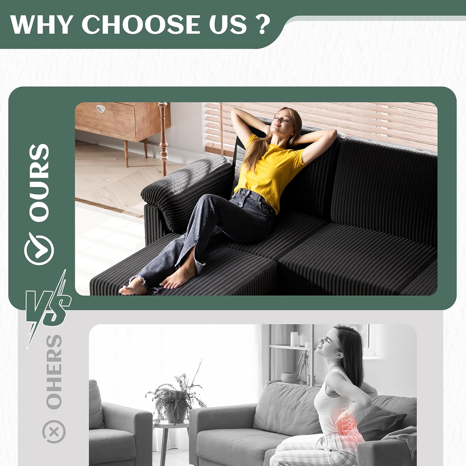 Vongrasig Convertible Sectional Couches, 3 Seat L Shaped Couch Sofa with Removable Pillows Soft Corduroy Fabric Small Couch Mid Century for Living Room, Apartment and Office Black - Image 6