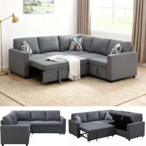 Sectional Sleeper Sofa with Pull Out Bed, L Shape Convertible Couch with Storage Chaise, Comfy Sleeper Couch, 2 in 1 Pull Out Sofa Bed with 5 Seats, for Living Room, Apartment, Gray