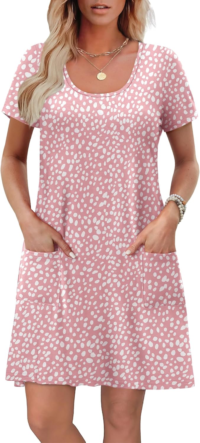 OFEEFAN Summer Dresses for Women 2026 Loose U Neck Short Sleeve Casual Beach Vacation Tshirt Dress Sundresses with Pockets - Image 2