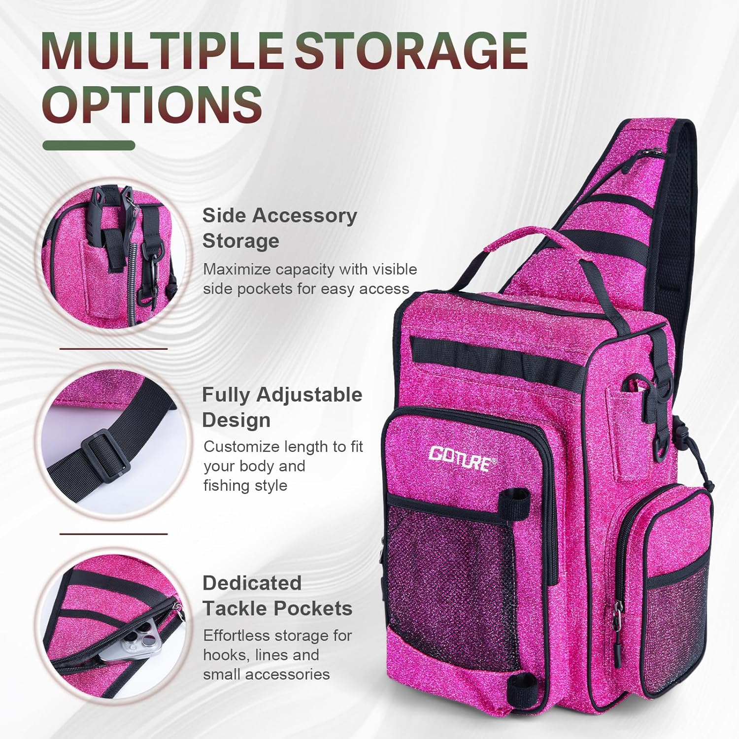 Goture OpenSide Fishing Sling Tackle Storage Bag with 3 3700 Tackle Boxes,Lures & Fishing Tools, Lightweight Fishing Backpack Storage for Fishing Gear-Shimmering Pink Bag, Gift for Women - Image 5