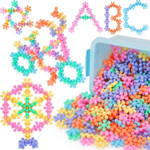 300PCS Interlocking Snowflake Building Block Toy for Kids Ages 3+, Multi-Color Solid Plastic Early Learning Creativity Educational STEM Toy with Carrying Case Safe Material (Macaron Colors)