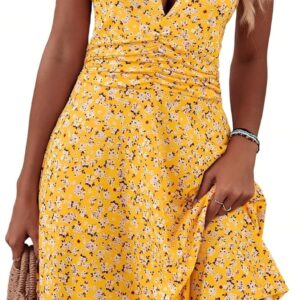 HUHOT Women’s Summer Sundress Sleeveless Halter Neck Spring 2025 Floral with Pocket Elastic Waist Ruffle Mini Dresses