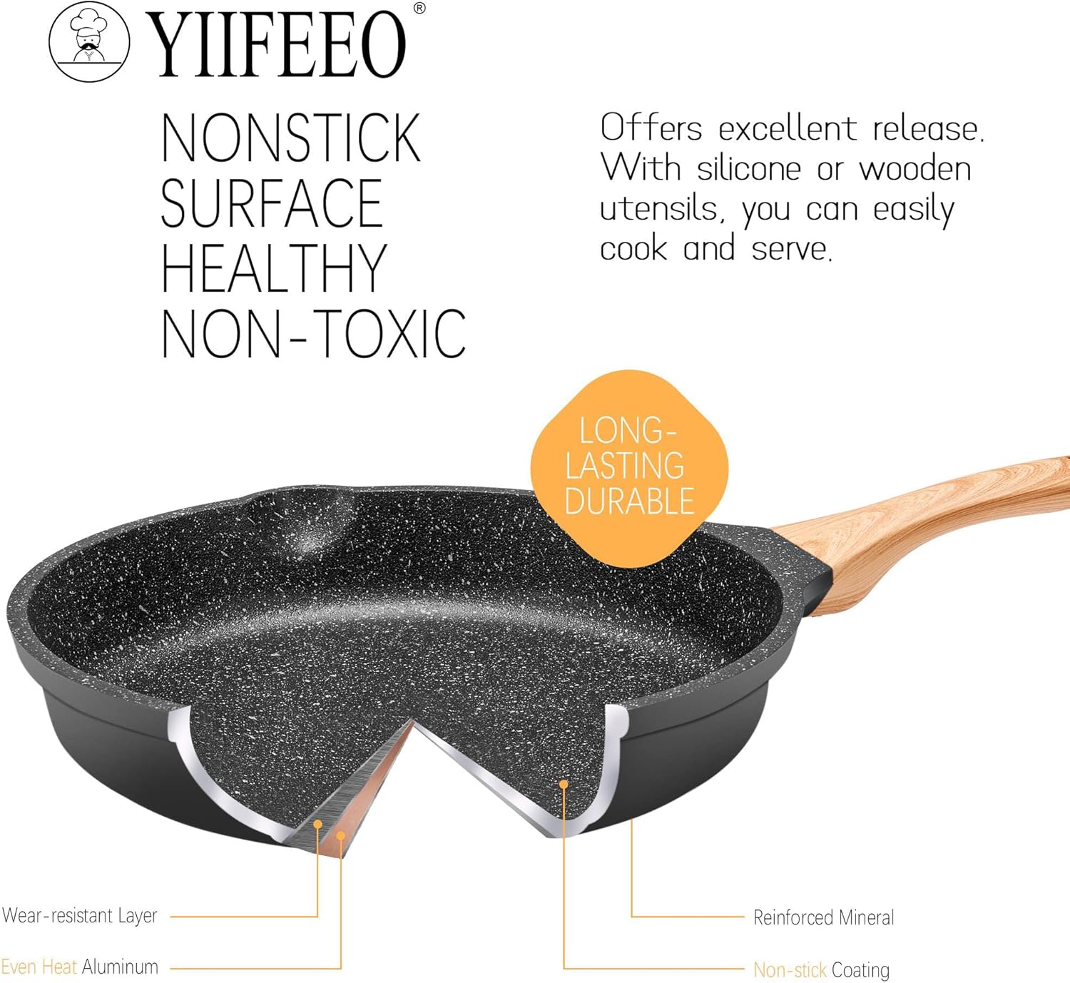 Non Stick Frying Pan Set - YIIFEEO Granite Skillet Set with 100% PFOA & PTFE Free, Induction Egg Omelette Pans for Cooking Pan Set, Cookware Set Nonstick Pots and Pans Set Gift for Women - Image 3