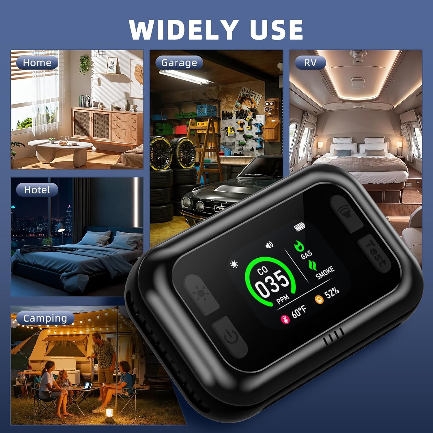 5 in 1 Carbon Monoxide Detectors, Natural Gas Detector & Smoke Detector with Dual Alarm & Bulit-in Battery, Propane CO Detector Plug in (Temp & Humidity) for Home RV Camping Travel (Black) - Image 7