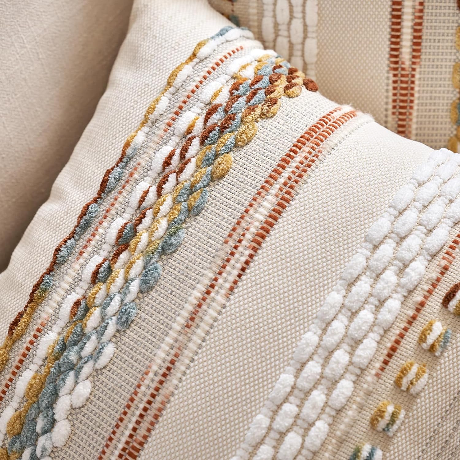 Aeckself Boho Throw Pillow Covers 18x18 Inch Set of 2, Farmhouse Decorative Striped Square Pillow Covers Chenille Tufted Pillow Cases Accent Neutral Pillowcase for Living Room Couch Bed, Orange White - Image 6