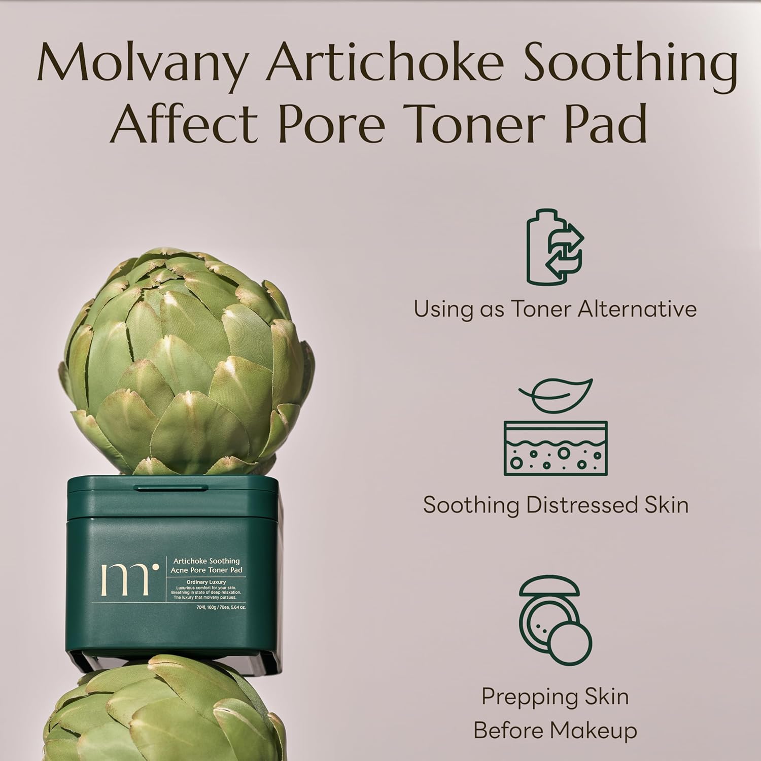 molvany Artichoke Soothing Affect Pore Toner Pad/ASAP Soothe&Calm Skin, Improve Skin Balance Recommended for Sensitive Skin, 70 Pads (160 g / 5.64 oz.) - Image 7