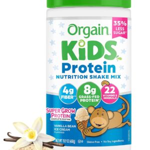 Orgain Kids Protein Powder Shake Mix, Vanilla Bean Ice Cream – 8g Grass-Fed Dairy Protein, 4g Fiber, 22 Vitamins & Minerals, Gluten Free, No Soy Ingredients, Adds Healthy Nutrients to Kids Snacks, 1lb