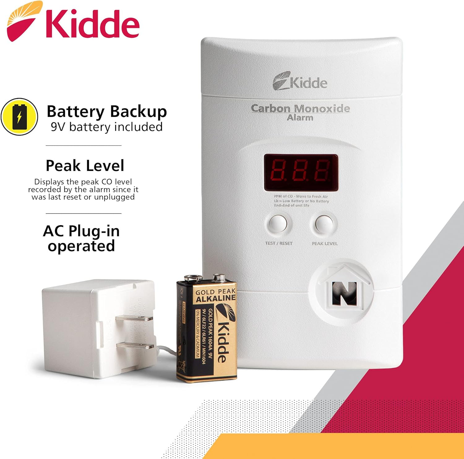 Kidde Carbon Monoxide Detector, Plug In Wall with 9-Volt Battery Backup, Digital LED Display - Image 4