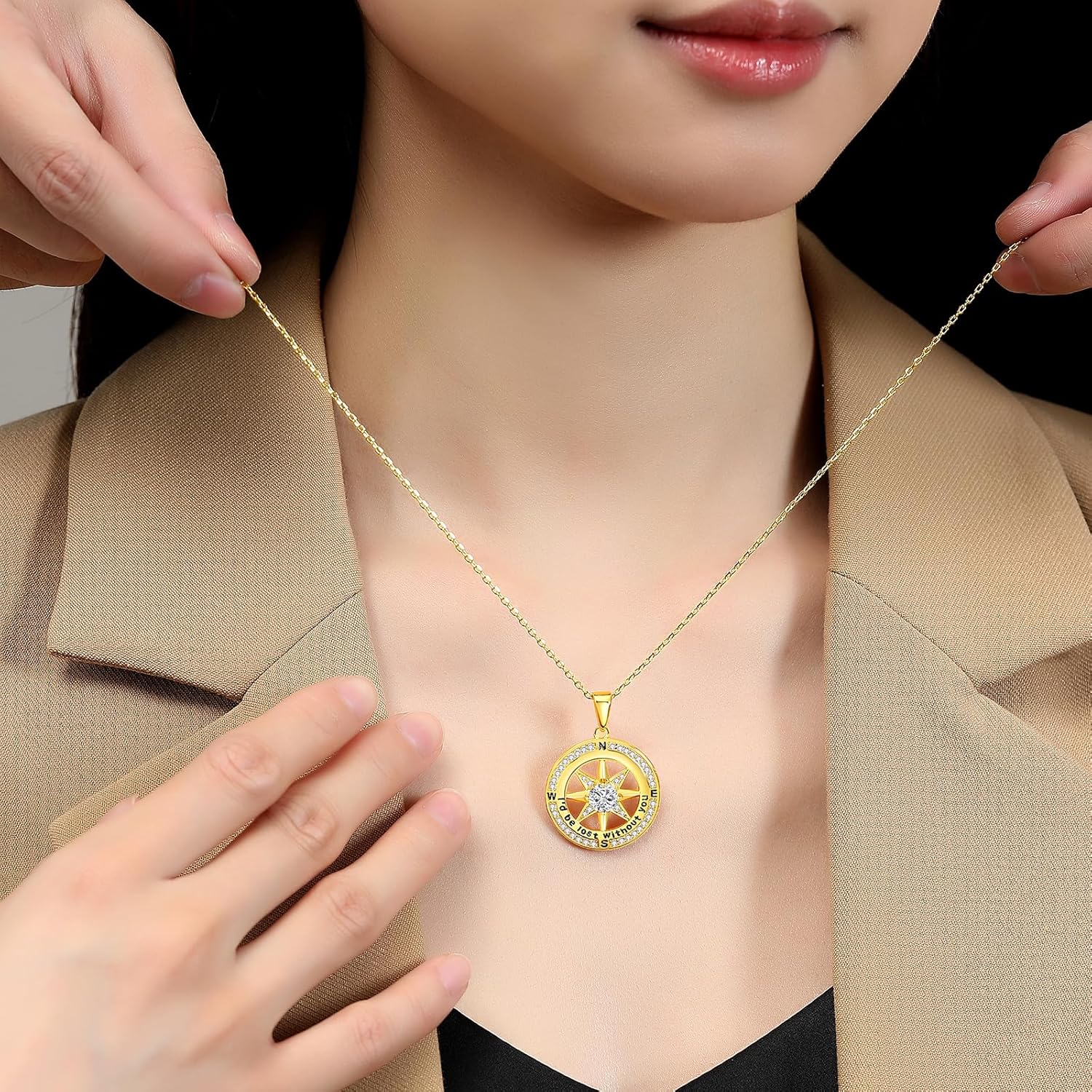 Mkhhy Compass Necklace for Women Jewelry For Her White Gold and Yellow Gold I'd Be Lost Without You(18k Real Gold Filled With S925) - Image 3