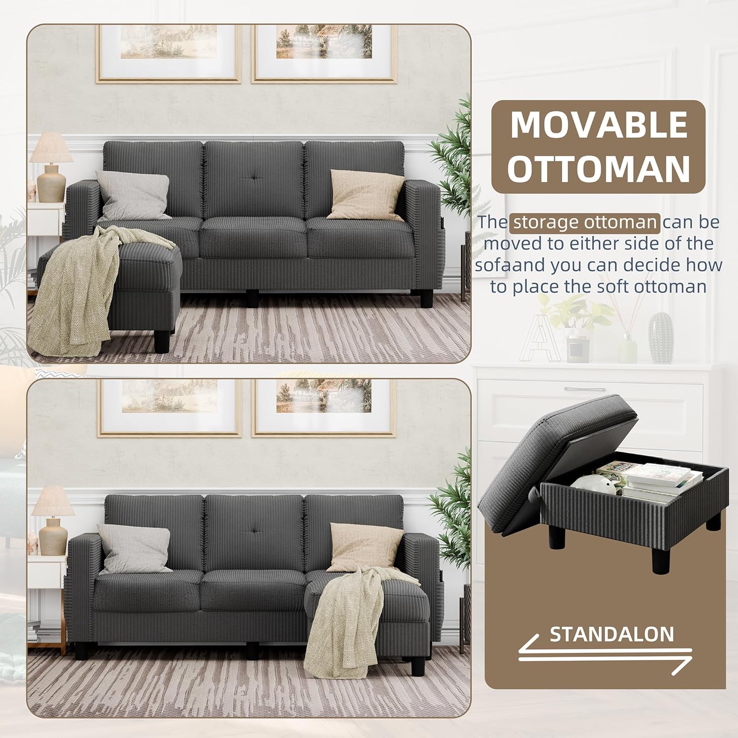 JAMFLY Convertible Sectional Couches for Living Room, L-Shaped Couch 3 Seat Sectional Sofa Set with Corduroy Fabric and Movable Ottoman Small Couch for Apartments, Office(Dark Grey) - Image 4