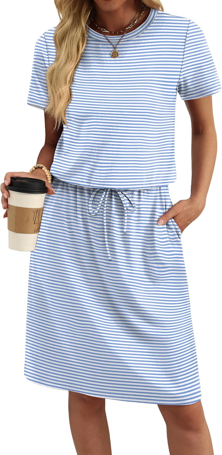 OFEEFAN Womens Summer Dresses Fashion Short Sleeve Crew Neck T Shirt Sundresses Casual Tie Waist with Pockets - Image 2