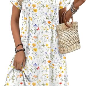 Zeagoo Women’s Casual Dresses with Pockets Summer Floral V-Neck A-Line Tshirt Dress Short Sleeve Mini Dress Beach Sundress