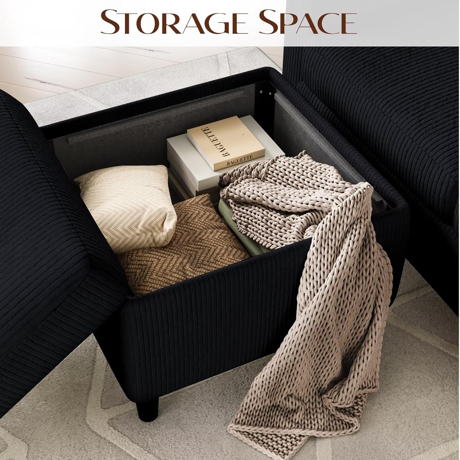 Convertible Sectional Couches for Living Room, 3 Seats L Shaped Sofa with Storage Ottoman and 2 Cup Holders, Modern Corduroy Couch Small Sofas for Small Space Apartment Office, Black - Image 3