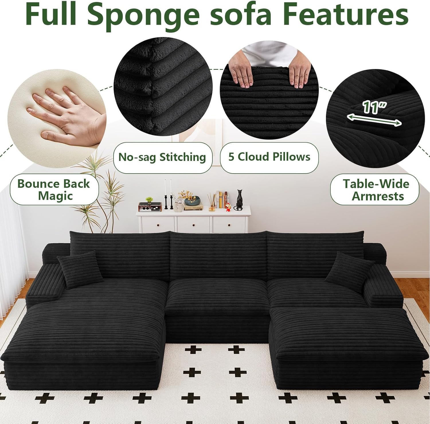 107" Cloud Couch Modular Sectional Sofa for Living Room, U-Shape Boneless Couch with Deep Seat, Modern Corduroy 3-Seater with Ottoman, No Assembly Required (Black,Left-Facing Chaise) - Image 3