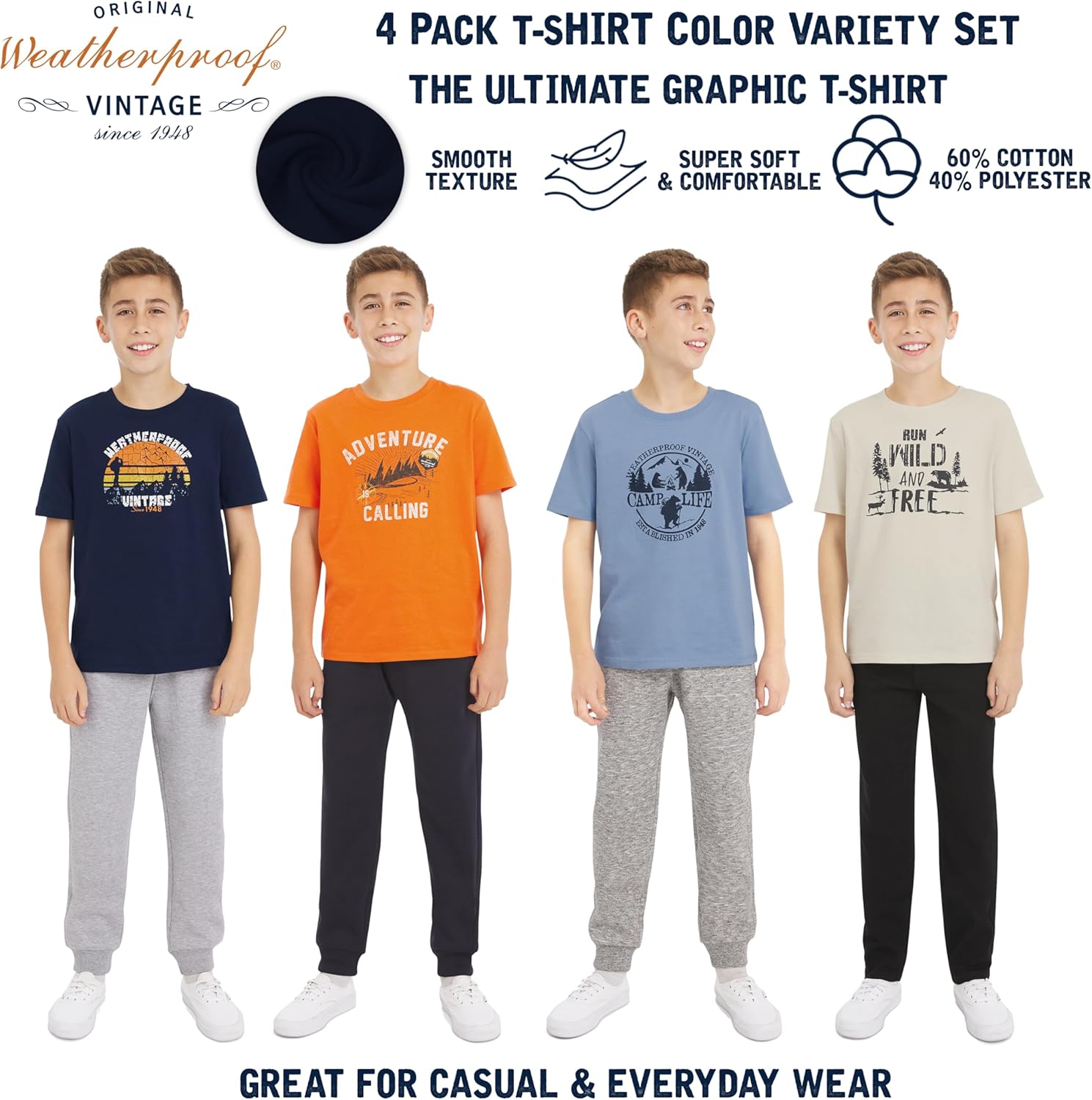 Weatherproof Vintage Boys' 4 Pack Variety Super Soft Stretchable Tee Short Sleeve Graphic T-Shirt - Image 2