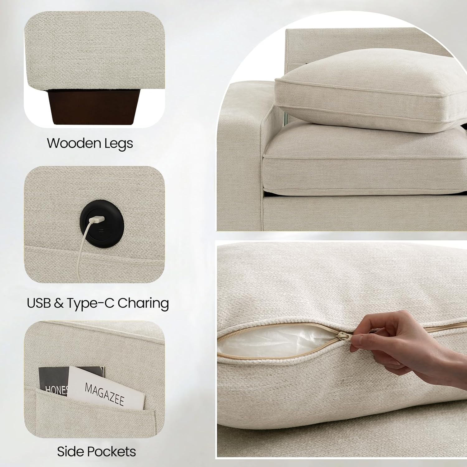 TEKAMON 100" Modular Sofa with Seats Storage, Comfy 3-Seater Chenille Fabric Couch for Living Room, Office, Apart W/Deep Seat, Wide Arms, Side Pockets, USB, Removable Covers, Upholstered Couch/Beige - Image 4