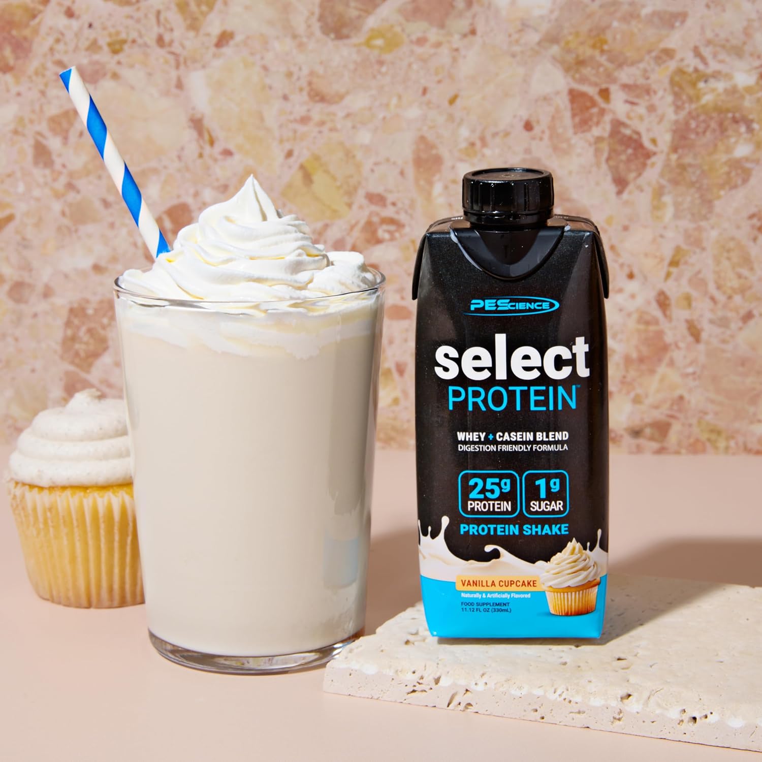 PEScience Select Protein Shake RTD, 25g Whey and Casein Blend, High Protein Drink, Gluten Free, Keto Friendly, 0g Sugar, Low Carb Ready to Drink Meal Replacement, Vanilla Cupcake - Pack of 4 - Image 6