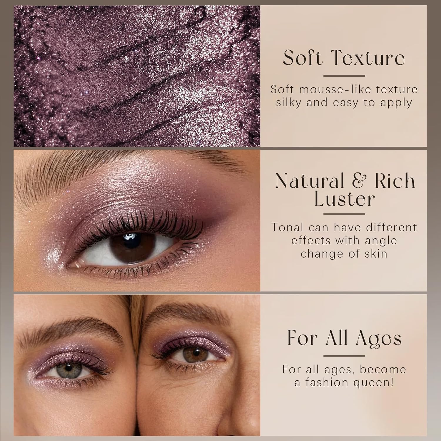 Noerrors Smoky Mauve Satin Gloss Glitter Eyeshadow Palette, Dusty Purple Plum Golden Pearl Multi-Dimensional Metallic Eyeshadow for Mature Eyes, Pigmented Blendable Smooth 3D Shimmer Cream Eye Shadow - Image 3