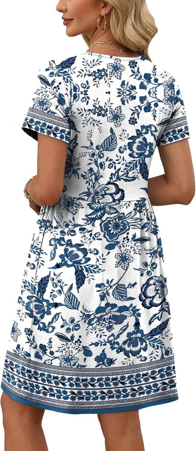 OFEEFAN Spring Dresses for Women 2026 Short Sleeve Crew Neck Casual Dresses Empire Waist Maternity Dress with Pockets - Image 4