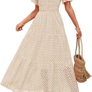 ZESICA Women’s 2026 Summer Short Sleeve Maxi Dress Casual V Neck Hollow Out Eyelet Ruffle Swing A Line Long Dresses