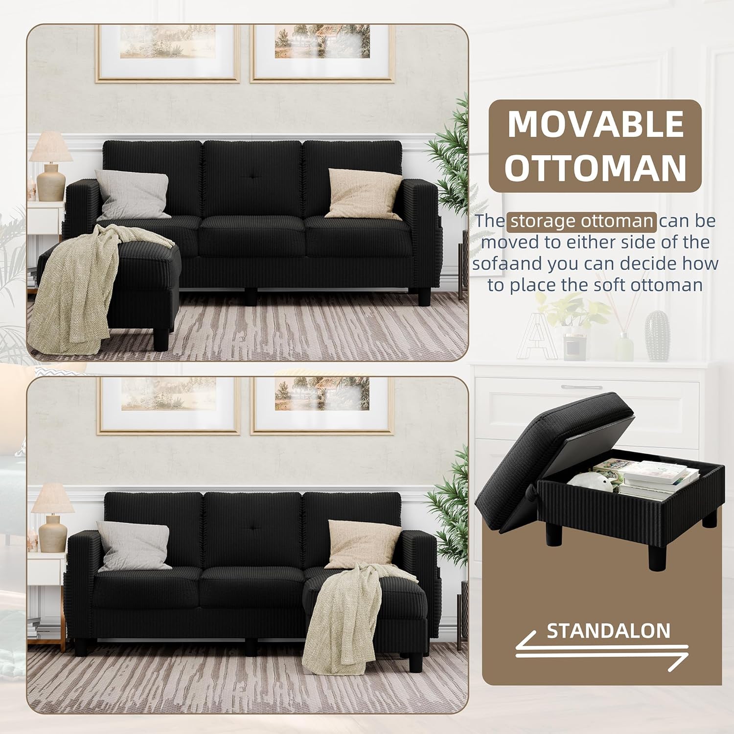 JAMFLY Convertible Sectional Couches for Living Room, L-Shaped Couch 3 Seat Sectional Sofa Set with Corduroy Fabric and Movable Ottoman Small Couch for Apartments, Office(Black) - Image 5