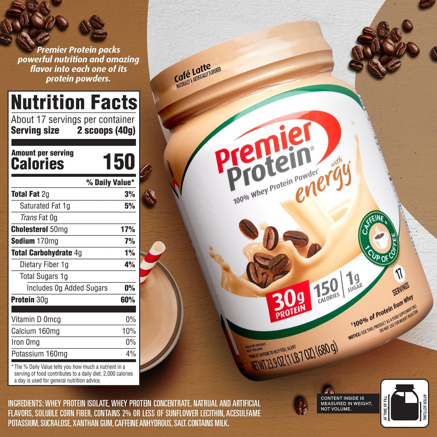 Premier Protein Powder, Café Latte, 30g Protein, No Added Sugar, 100% Whey Protein, Keto Friendly, Soy & Gluten Free, 95mg Caffeine for Energy, 23.9 oz, 17 Servings (Packaging May Vary) - Image 5