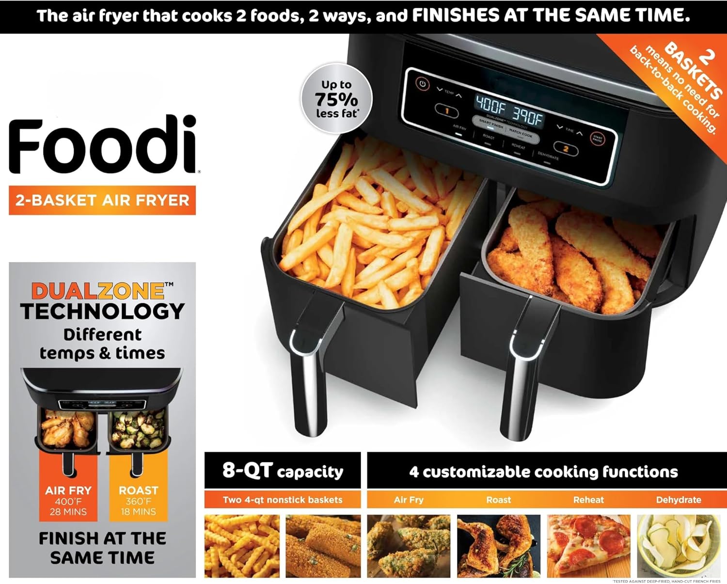 Ninja Foodi 8-Quart Dual-Basket Air Fryer with Smart Finish, 4-in-1 XL Capacity, Nonstick Baskets (8Qt - Black) - Image 6