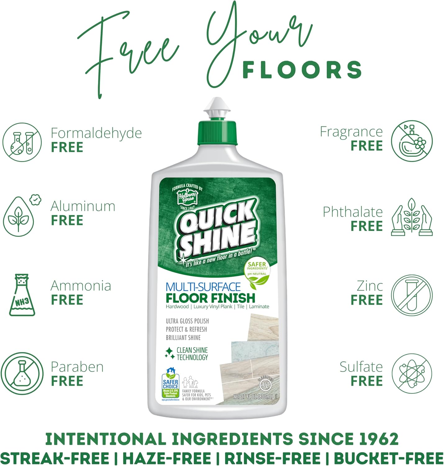 Quick Shine Multi Surface Floor Cleaner & Floor Polish w/Clean Shine Technology 2-27oz Bottles | Use on Hardwood, Laminate, Luxury Vinyl Plank, Tile & Stone | Safer Choice Formulas - Image 5