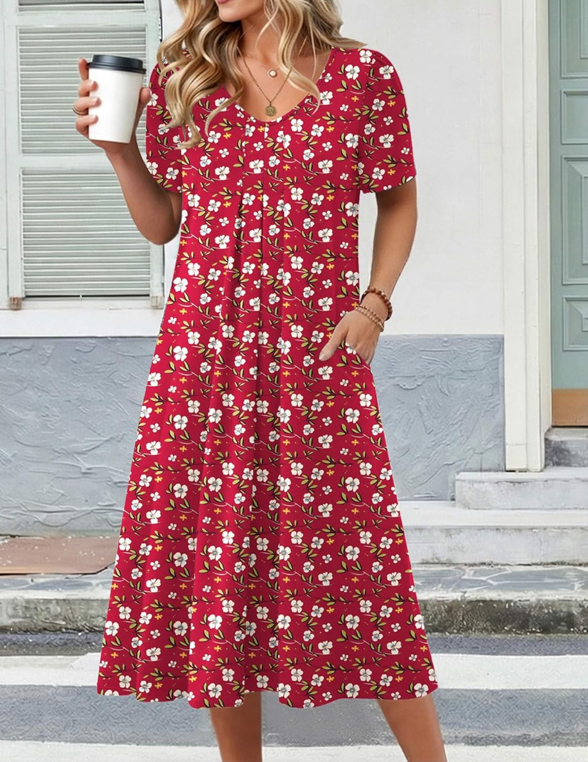 Zeagoo Summer Dress for Women Casual Floral Midi Sundress with Pockets V Neck Pleated Short Sleeve Aline Beach Vacation Dress - Image 2