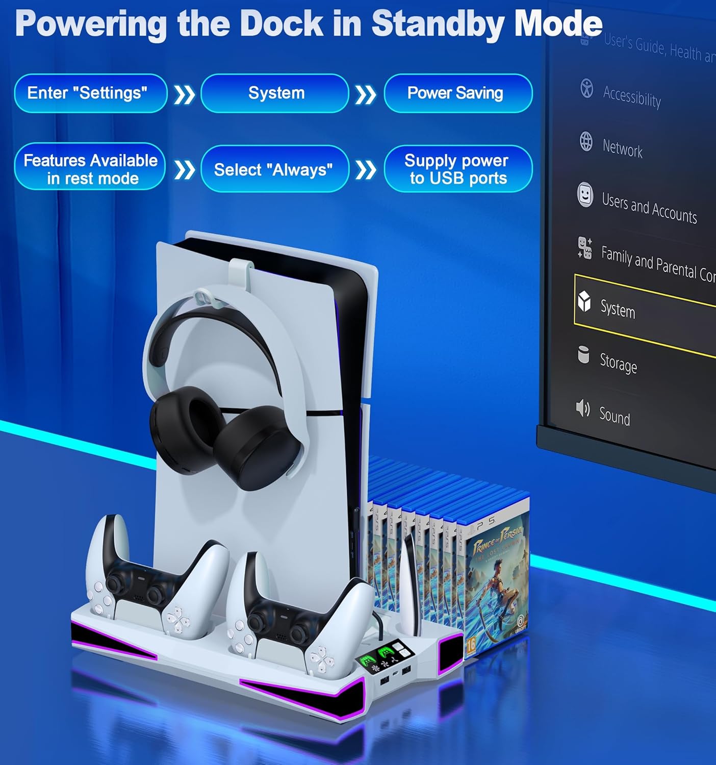 Kawaye PS5 Stand PS5 Cooling Station for Playstation 5/Pro/Slim Console, PS5 Accessories Vertical Stand with 2.36in Large P5 Fan Cooling Fan, RGB Light, Dual Controller Charger, Headset Holder, 3 Charger Port - Image 7