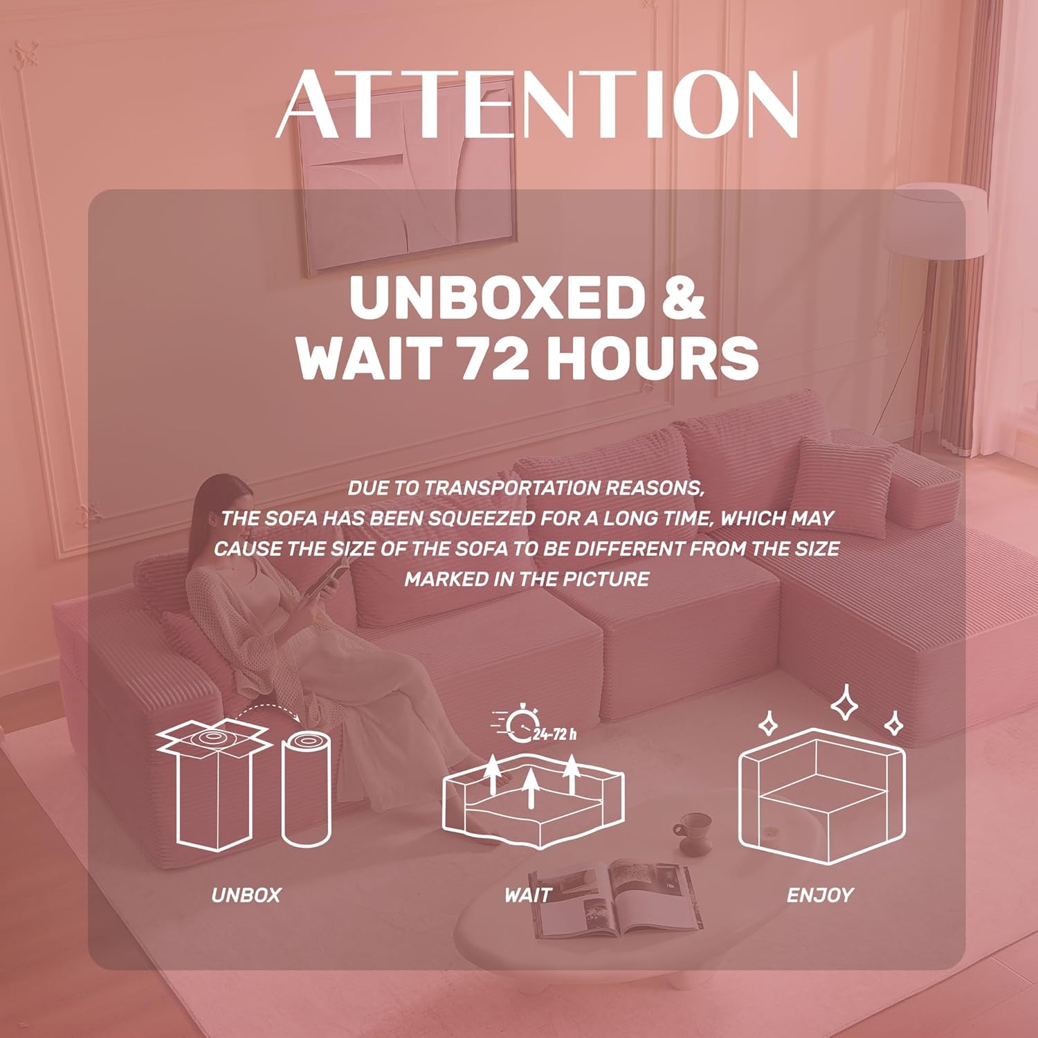 138" Boneless Couch with Deep Seat, Set of Modular Sectional Sofa, Cloud Sectional Couch for Living Room, No Assembly Required, Corduroy, 4 Seater L-Shape Left, Pink - Image 7