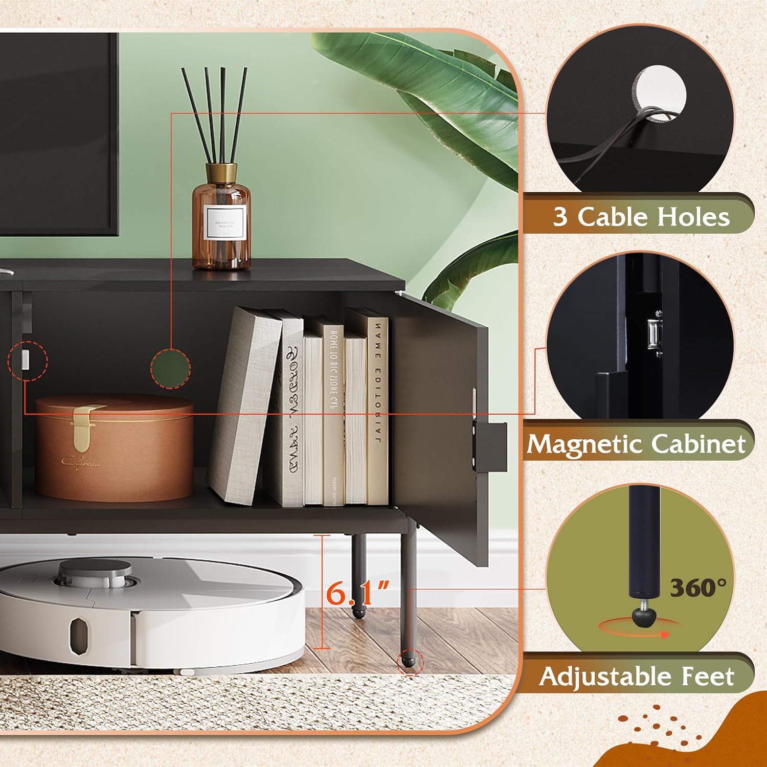 WLIVE TV Stand for 65 Inch TV, Mid Century Modern Entainment Center with 2 Storage Cabinets & Open Shelf, TV Console Table Media with Metal Legs for Living Room, Bedroom, Black - Image 4