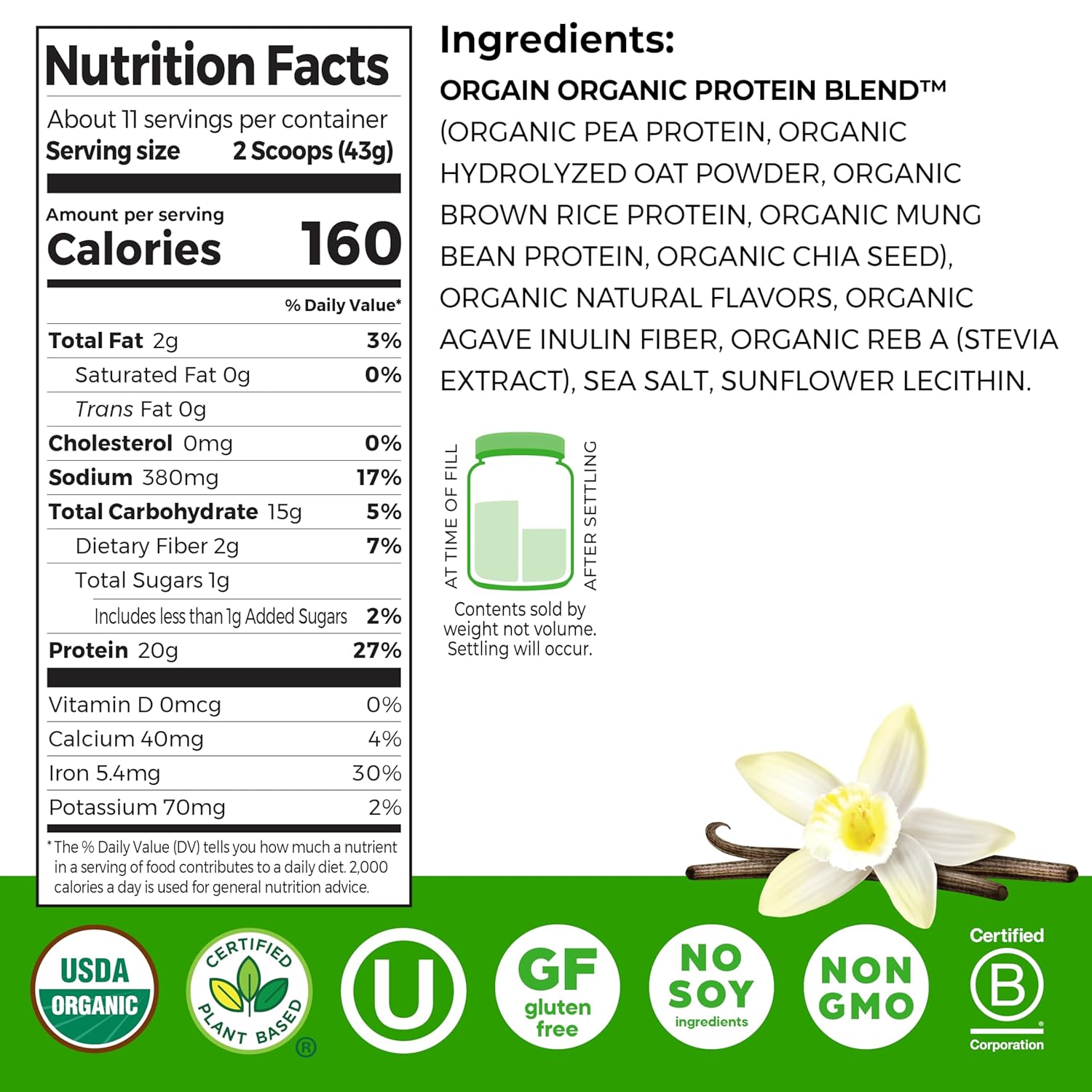 Orgain Organic Vegan Protein Powder + Oat Milk, Vanilla Bean - 20g Plant Based Protein, Gluten Free, No Dairy, Soy or Lactose Ingredients, Low Sugar, Non-GMO, Kosher, For Shakes & Smoothies - 1.05lb - Image 2