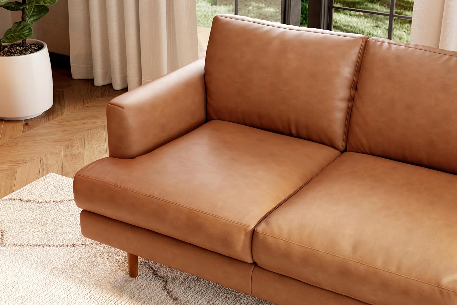 Valencia Grosseto 87” Cognac Tan Brown 3 Seater Full Leather Sofa | Mid Century Italian Nappa Leather Couch for Living Room Furniture | Double Stitched Seams, Removable Cushions - Image 5