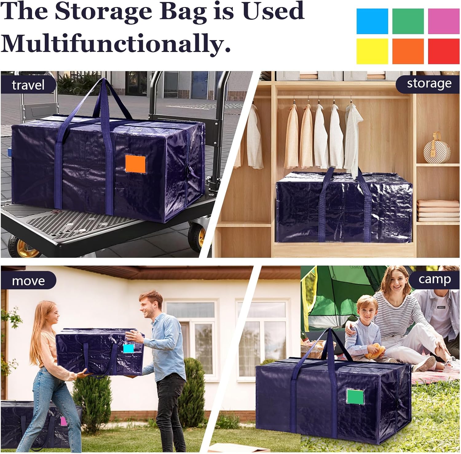 12 Pack Extra Large Heavy Duty Moving Bags with Reinforced Zipper & Wide Handles, Moisture-Resistant Storage Bins Packing Cubes for Clothes, College Dorm, Travel, and Home Organization, DarkBlue - Image 4