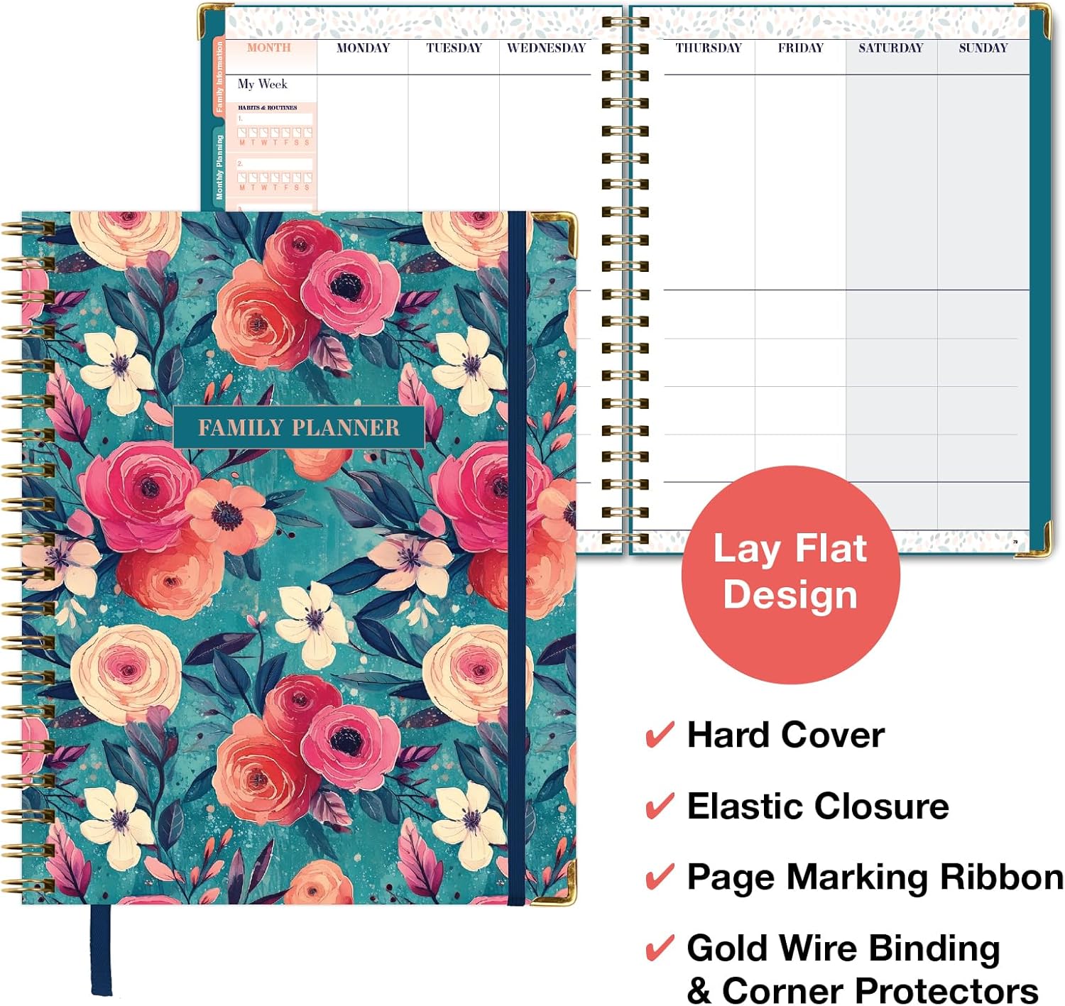 Undated Family Planner Organizer – 8.5" x 11" Weekly & Monthly Calendar for 5+ People, Meal Planning, Budgeting, Habit Tracker – Hardcover, Household Schedule Organizer for Parents, Kids, & Caregivers (Teal Floral) - Image 2