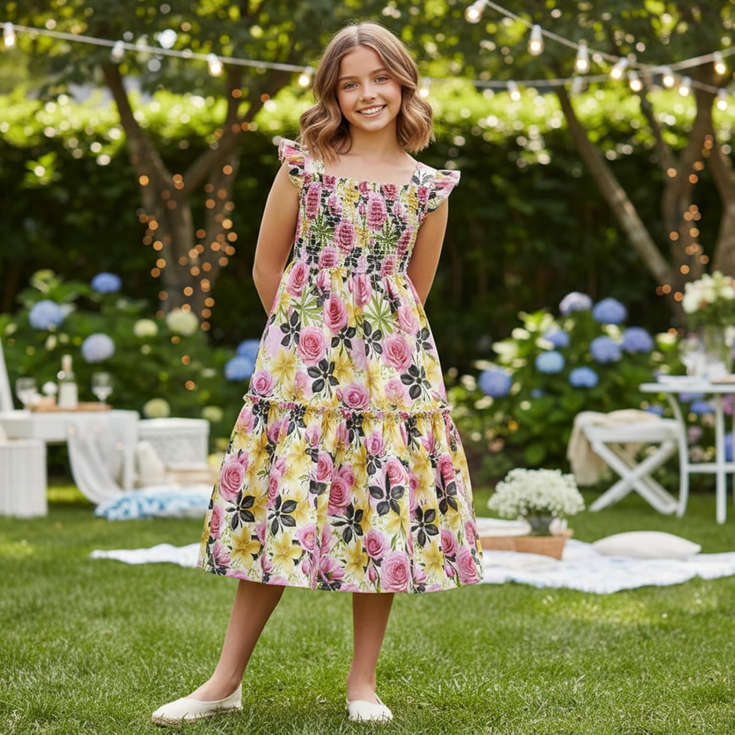 Pink Rose Floral Ruffle Sleeve Girls' Dress - Smocked Boho Tiered Toddler Dress - Image 6