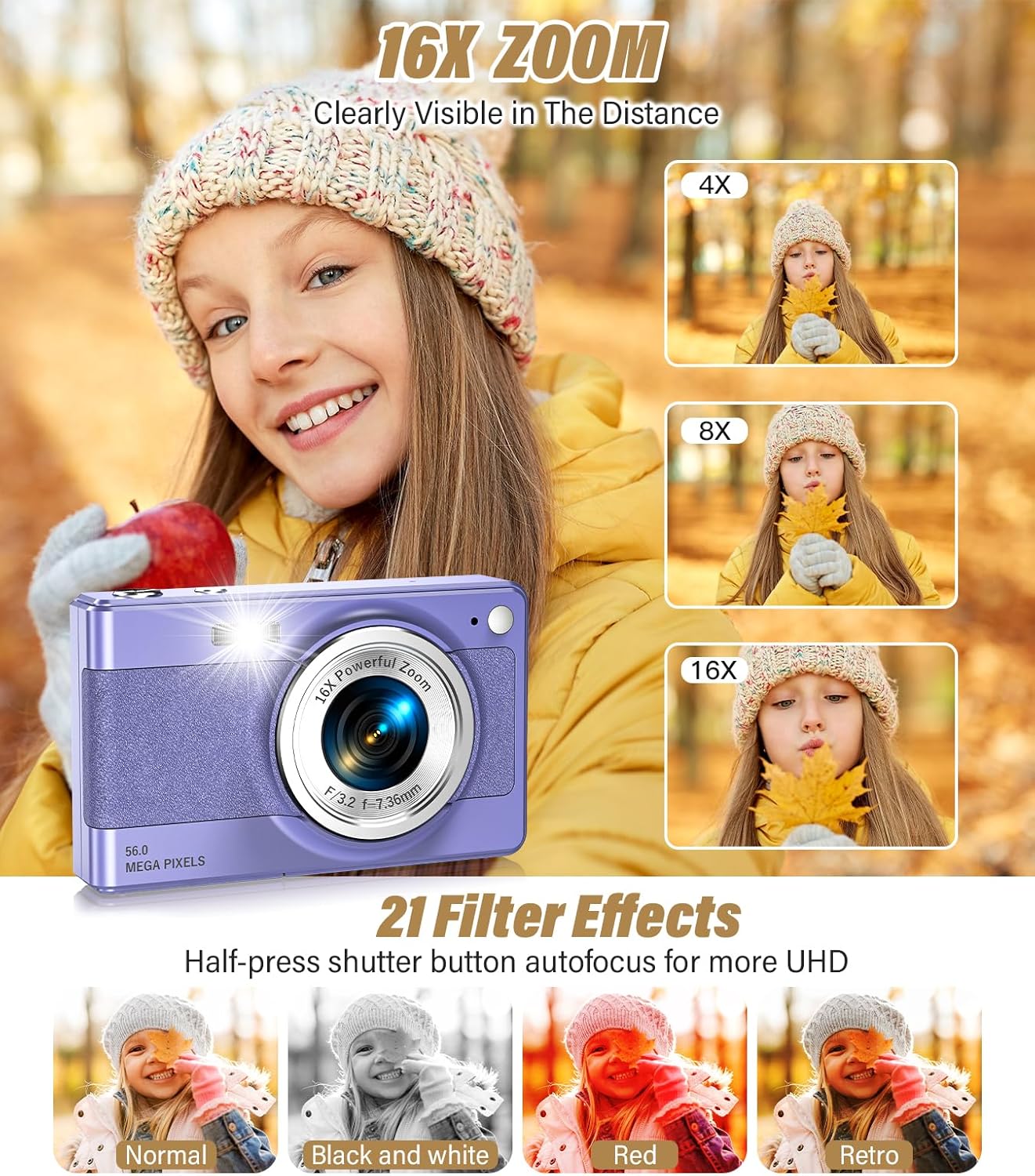 2025 New Digital Camera, 56MP FHD 1080P for Kids with 16x Digital Zoom Anti Shake, Face Detect, Smile Capture, 32GB TF Card, Battery, Lanyard, a Great Gift for Boys & Girls(Purple) - Image 4